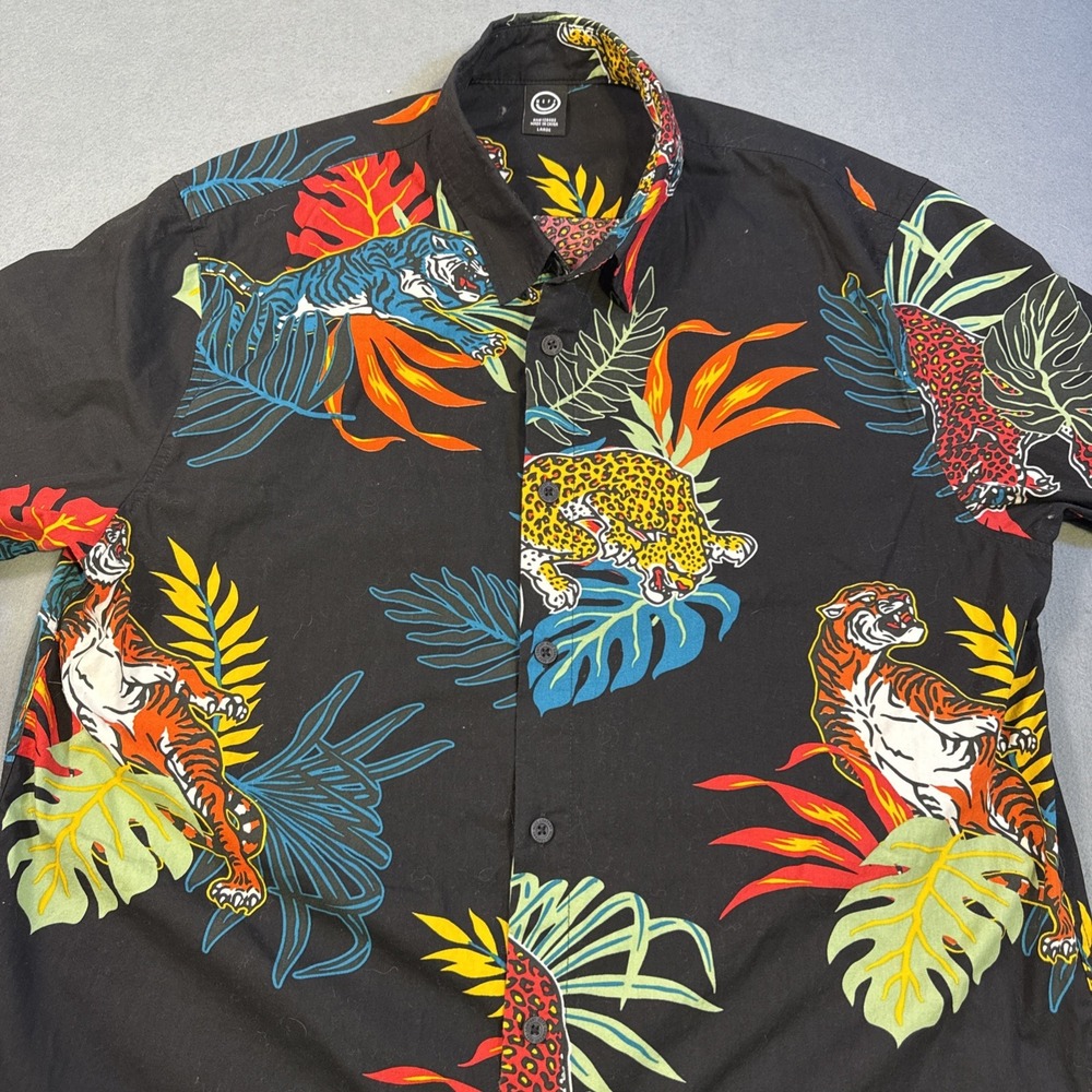 Neff SHIRT Men's Size LARGE Tiger BLACK/ORG Floral Button Front Short Sleeve